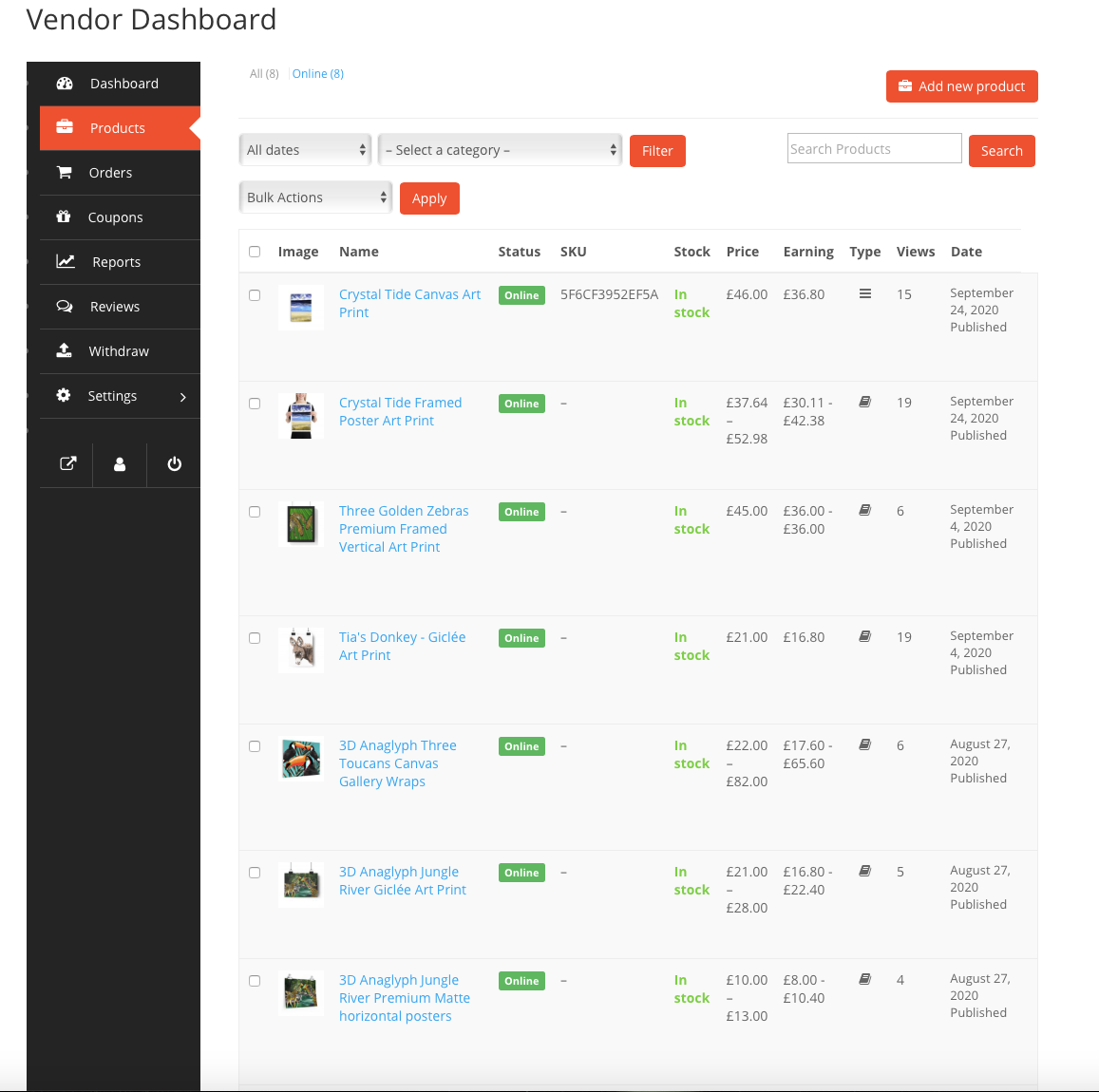 Vendor Dashboard Products